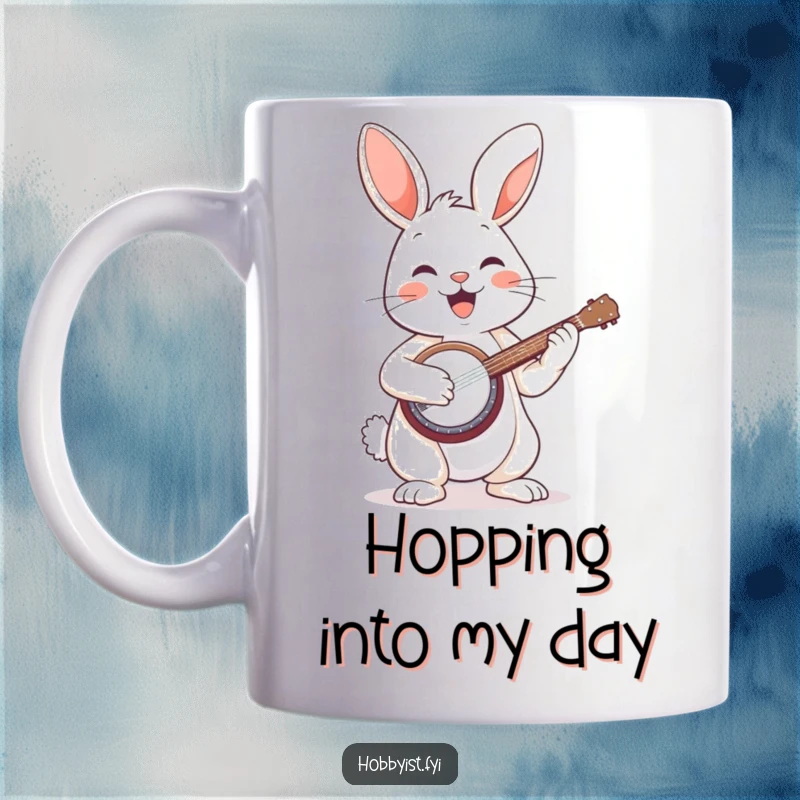Funny mug with a happy bunny enthusiastically playing a miniature banjo, spreading cheer with every strum.