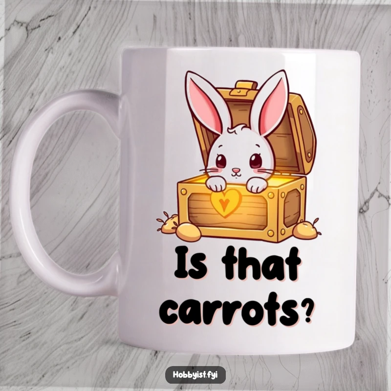Funny Rabbit peeking into a glowing treasure chest, full of wonder and excitement, on a unique mug.