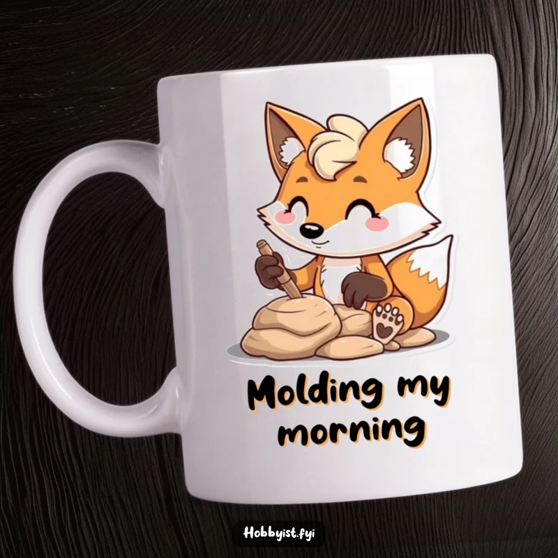 Funny mischievous fox intently sculpting clay with a focused expression, depicted on a mug, a humorous and artistic gift.