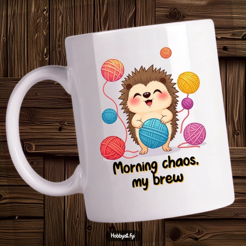 Funny Mug featuring a giggling hedgehog expertly juggling several colorful yarn balls, radiating pure joy.