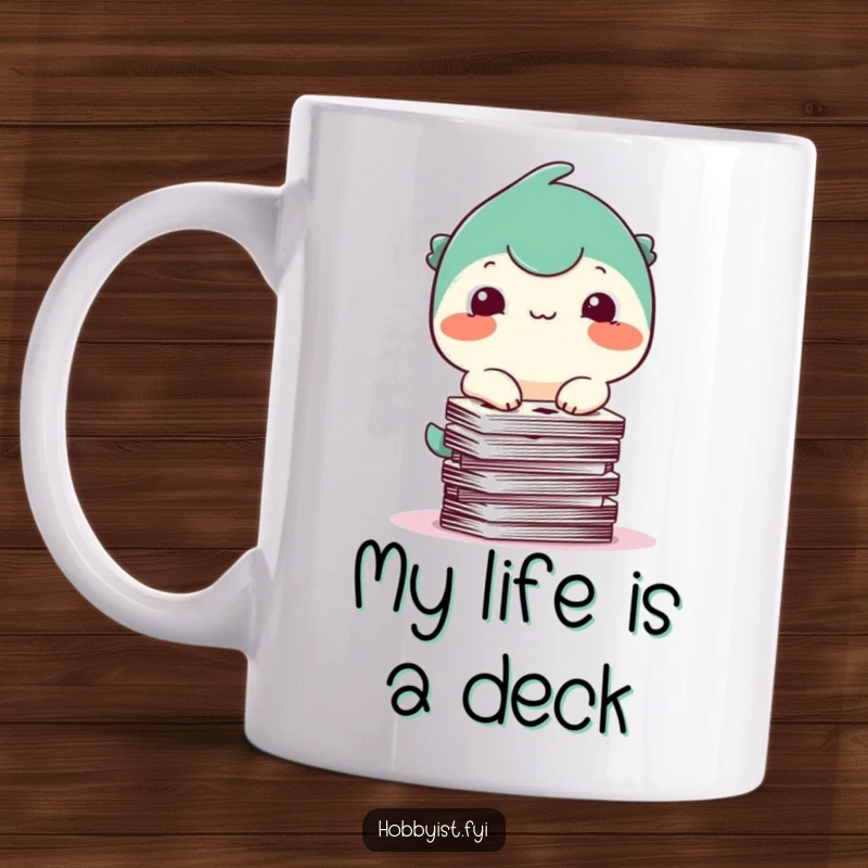 Funny Mug: A happy creature with a small smile precariously balances a tall stack of playing cards, showcasing delightful clumsiness.