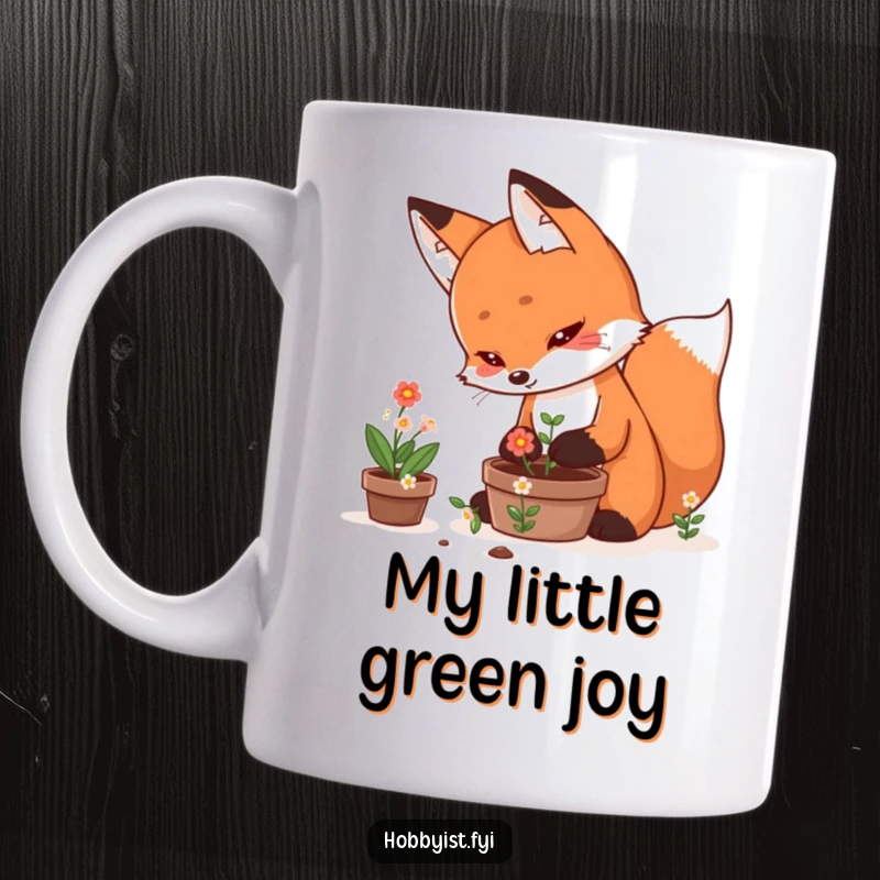 Funny Kawaii Fox Mug with a determined fox meticulously tending a small pot of blooming flowers, capturing a moment of gentle care.