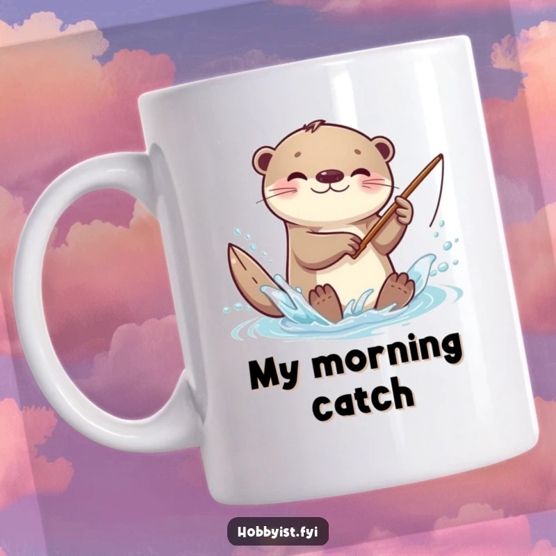 Funny kawaii otter mug, happily splashing water with a tiny fishing rod, conveying pure joy and a love for fishing.