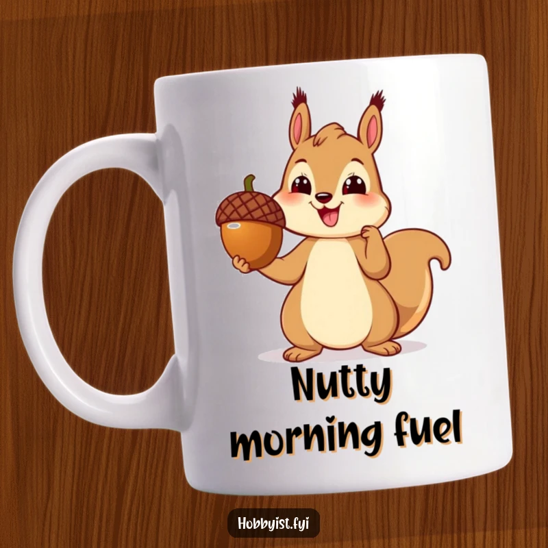 Funny squirrel mug featuring a cheerful artisan squirrel proudly presenting a perfectly crafted acorn sculpture, celebrating creativity and nature.