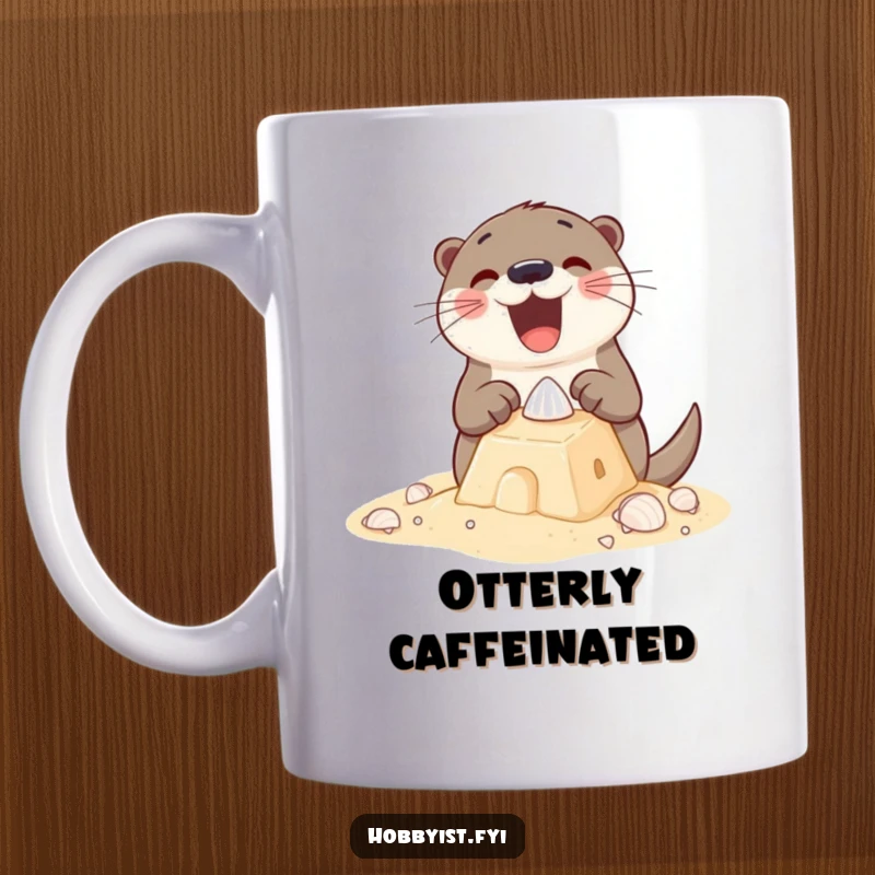 Funny Mug featuring an excited otter joyfully building a sandcastle with tiny shells, embodying playful beachside creativity.