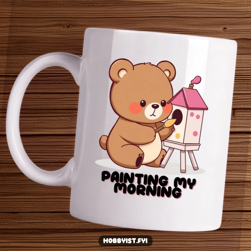 Funny cute bear happily painting a colorful birdhouse with a tiny brush, depicted on a mug, a humorous and charming gift.