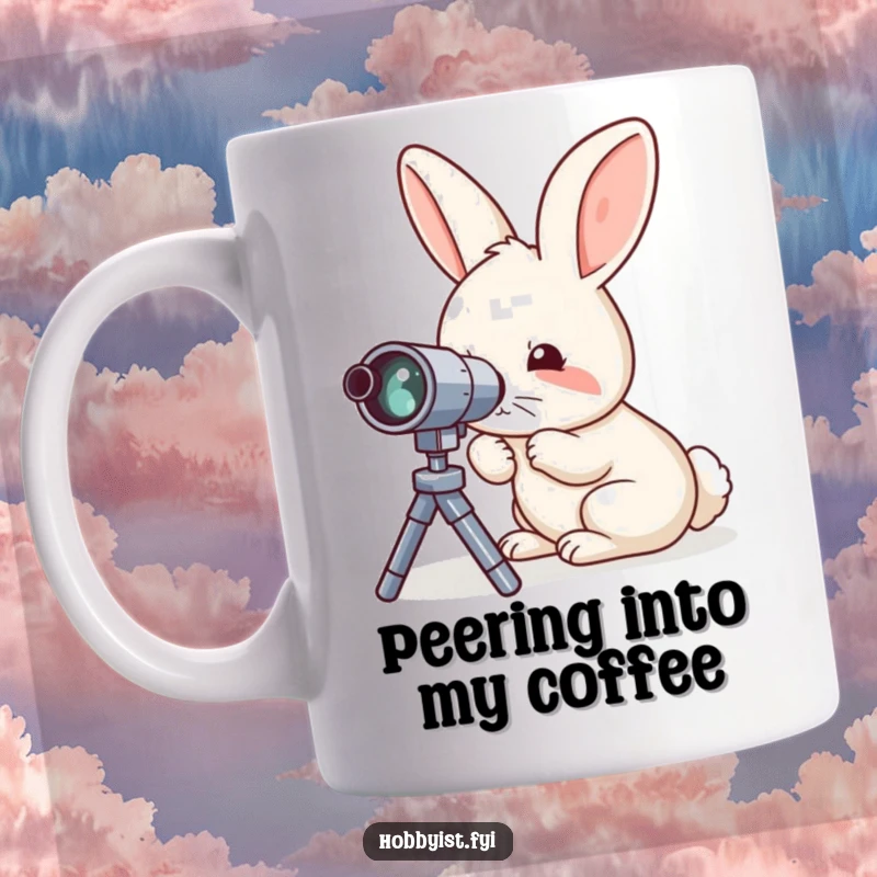 Funny mug with a rabbit meticulously examining a tiny telescope, showcasing its fascination with the cosmos and exploration.