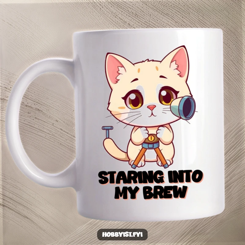 Funny, curious cat with wide, amazed eyes peering intently into a telescope, exploring the night sky.