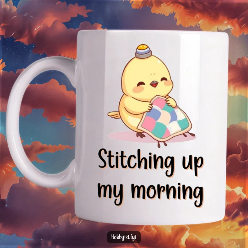 Funny Sewing Bird Mug showing a small bird with a thimble on its head happily sewing a miniature quilt, full of dedication.