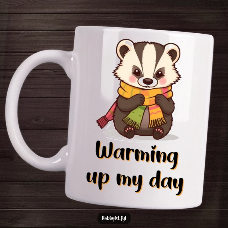 Funny Kawaii Badger Mug with a skilled badger expertly knitting a small, colorful scarf, capturing a moment of cozy concentration.