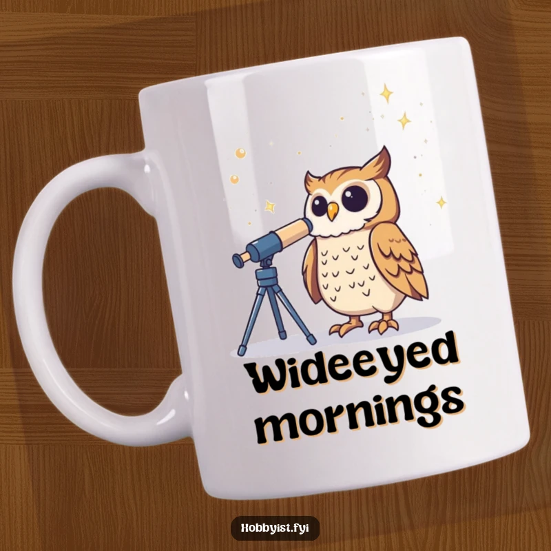Funny Owl Mug shows a proud owl gazing intently through a telescope at a beautiful, starry night sky, symbolizing curiosity.