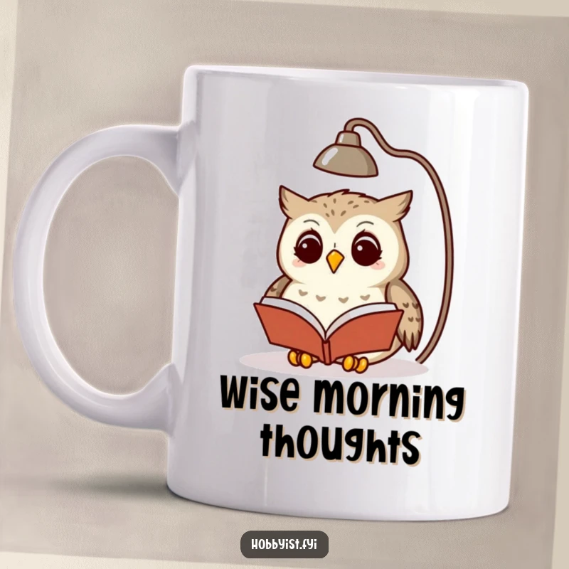 Funny owl wearing glasses, reading a small book under a glowing lamp, featured on a ceramic mug, a bookworm gift.