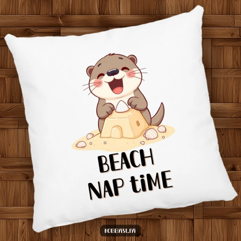 Funny Pillow featuring an excited otter building a sandcastle with tiny shells, perfect for adding cozy seaside charm to any space.