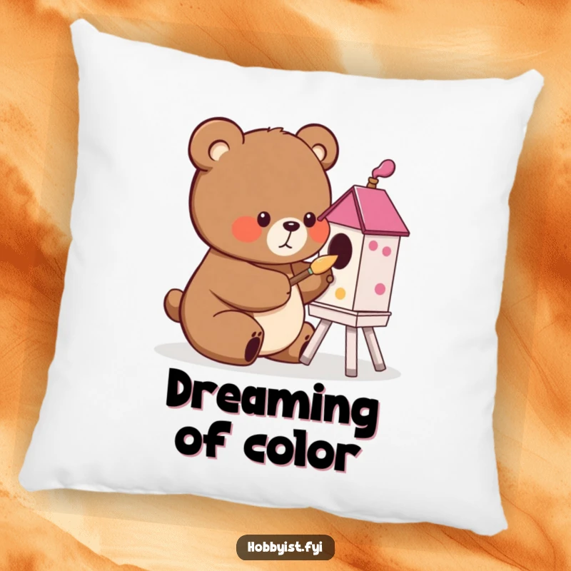 Funny cute bear painting a birdhouse with a small brush, on a soft pillow, offering humorous comfort and artistic flair for gifts.