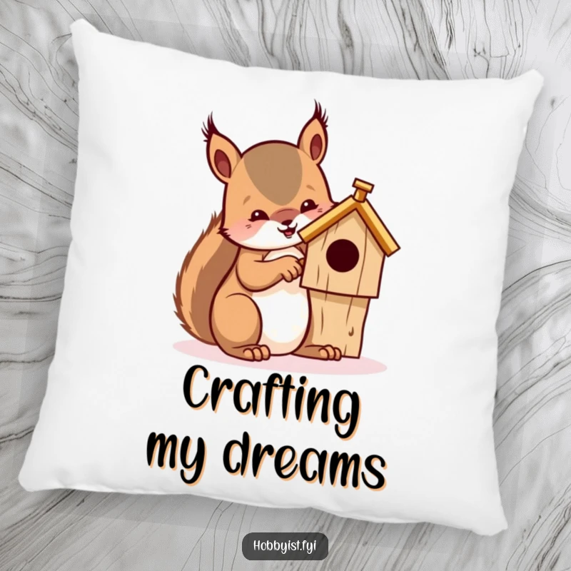 Funny pillow showcasing a dedicated squirrel intensely whittling a miniature wooden birdhouse, perfect for adding a cozy touch.