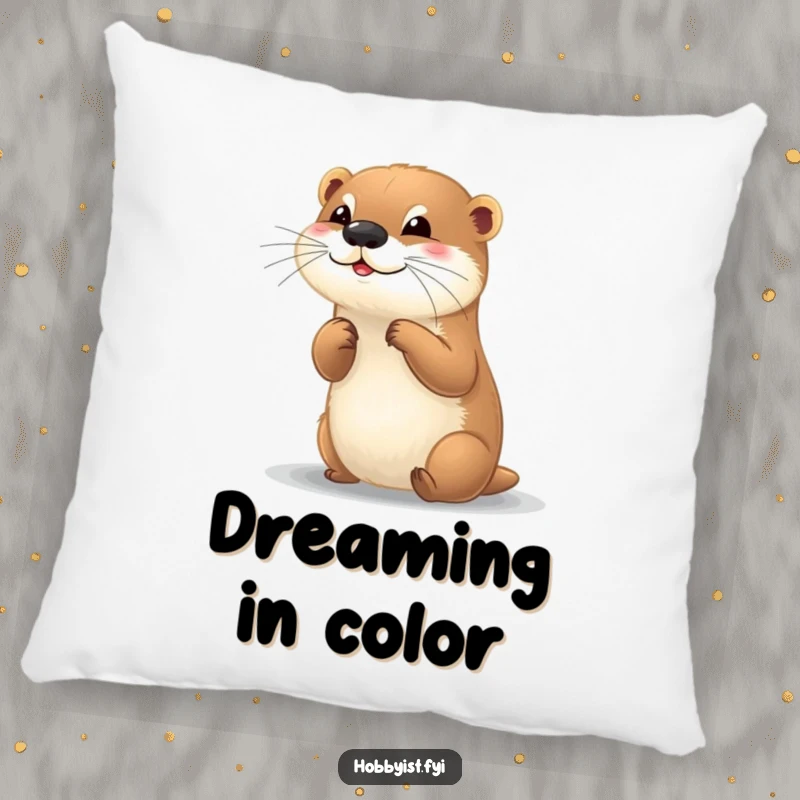 Funny pillow with a playful otter painting a small, colorful picture, offering artistic comfort.