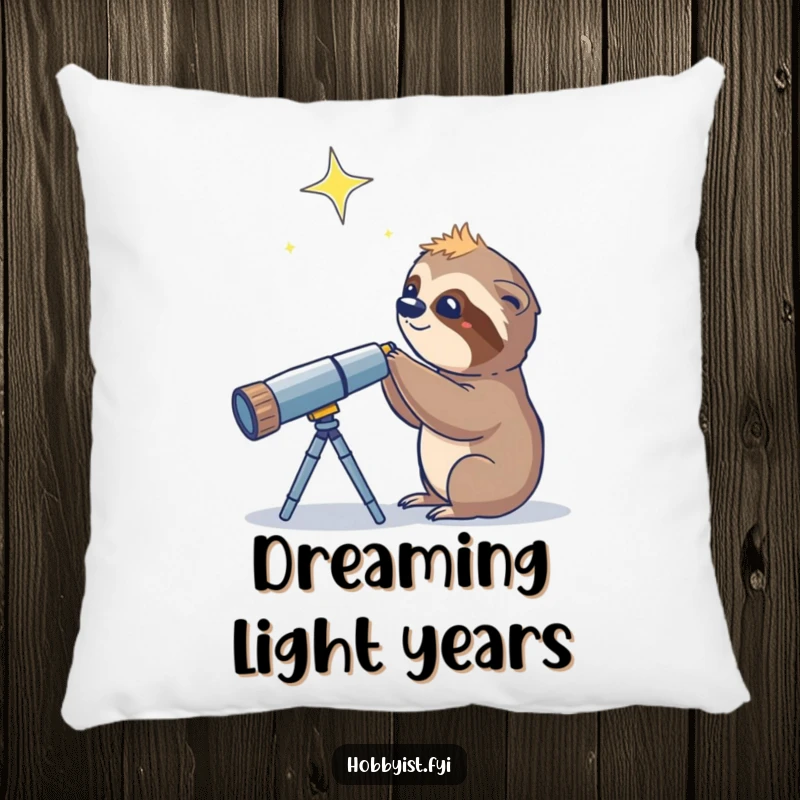 Funny Sloth Telescope Star Pillow, a curious sloth using a telescope to view a twinkling star, adding comfort and humor.