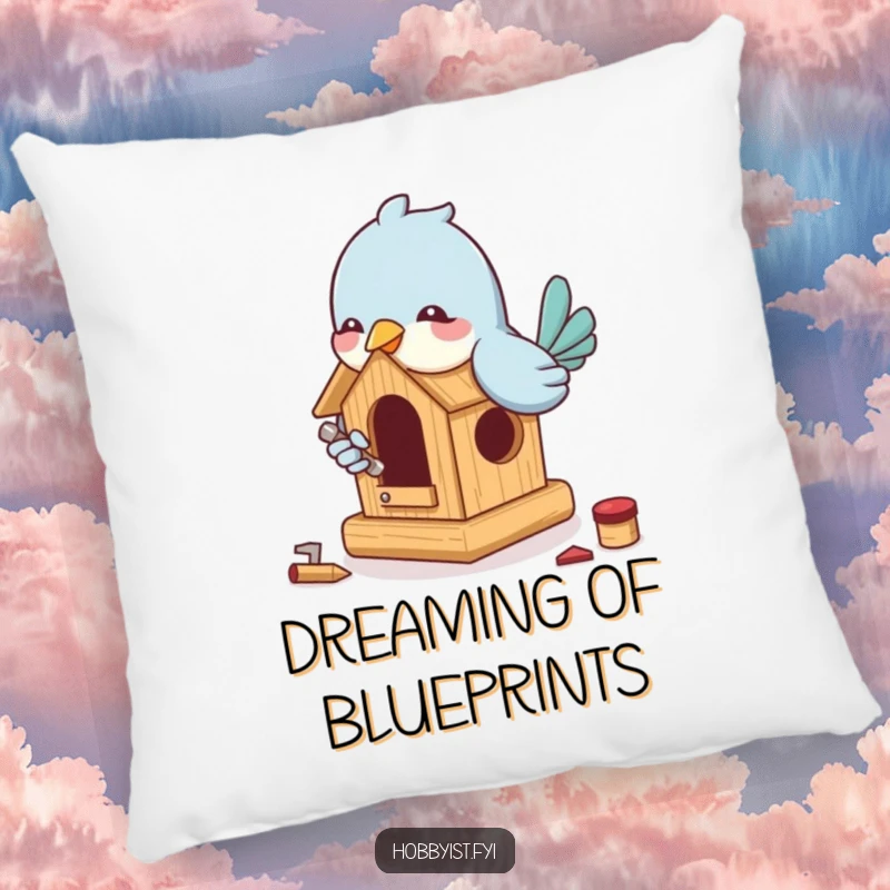 Funny Birdhouse Builder Pillow: A playful bird enthusiastically builds a miniature birdhouse with tiny tools, offering humorous comfort and decor.