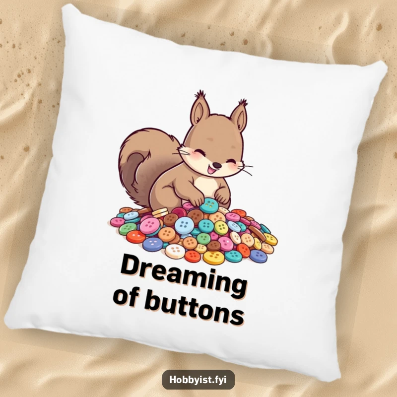 Funny pillow showcasing a smiling squirrel intensely sorting a mountain of shiny buttons, offering humorous comfort and decor.