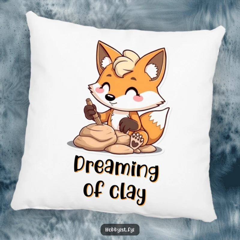 Funny mischievous fox sculpting clay with concentration, on a soft pillow, offering humorous comfort and artistic inspiration for gifts.