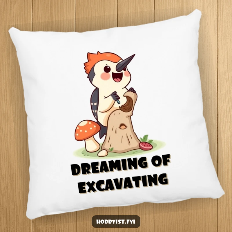 Funny pillow featuring a joyful woodpecker drilling a small hole into a mushroom, perfect for adding a cozy woodland touch.