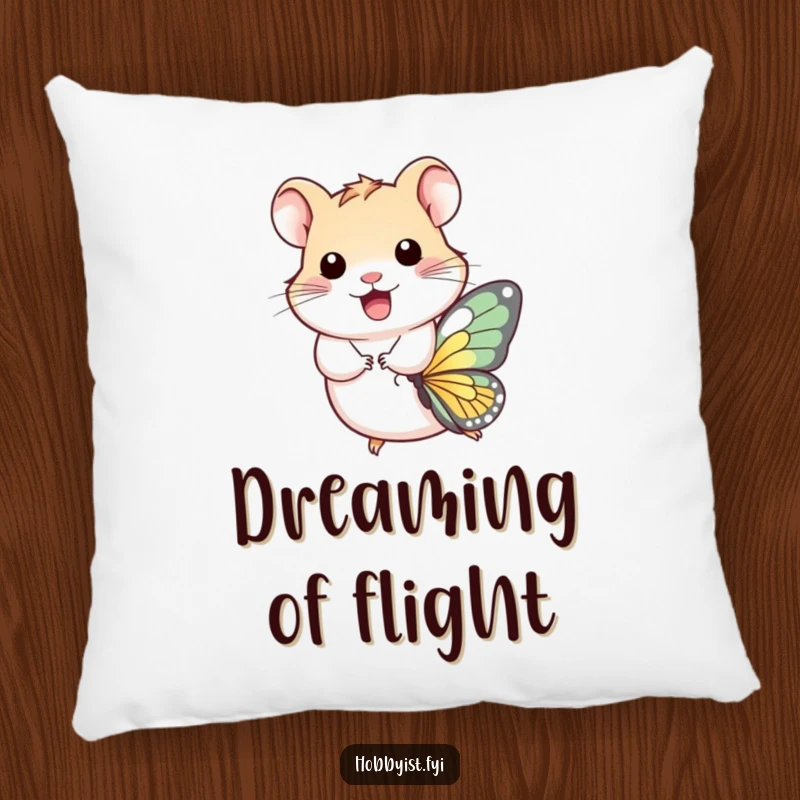 Funny Pillow: A sweet hamster glides through the air on a butterfly's back, exuding happiness and a whimsical charm.