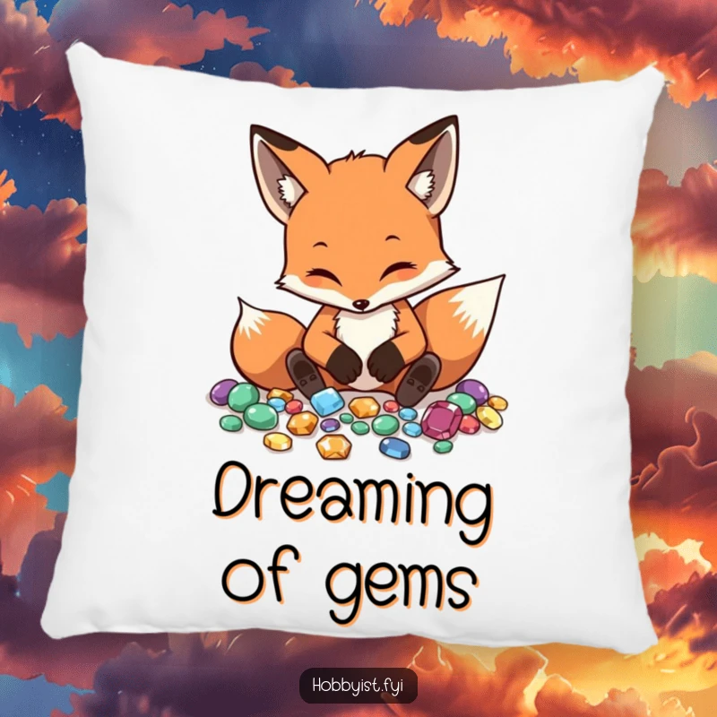 Funny Fox Pillow shows a diligent fox arranging gemstones, adding a plush touch of meticulous humor to seating.