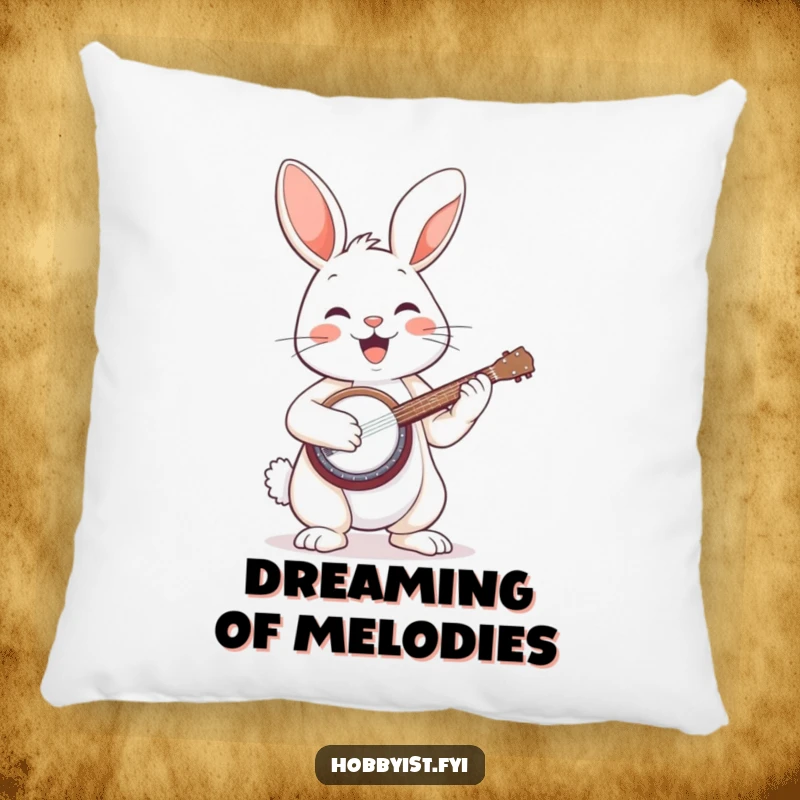 Funny pillow with a content bunny strumming a miniature banjo, providing plush comfort and a dose of musical humor.