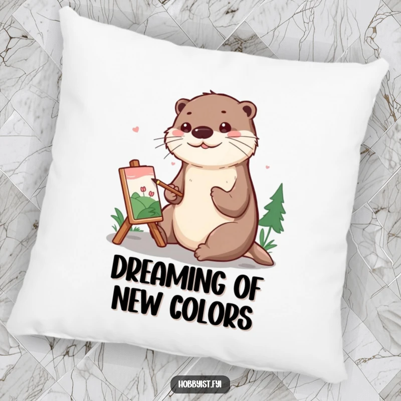 Funny Pillow featuring a cheerful otter painting a tiny landscape, providing comfort and a dose of artistic charm.