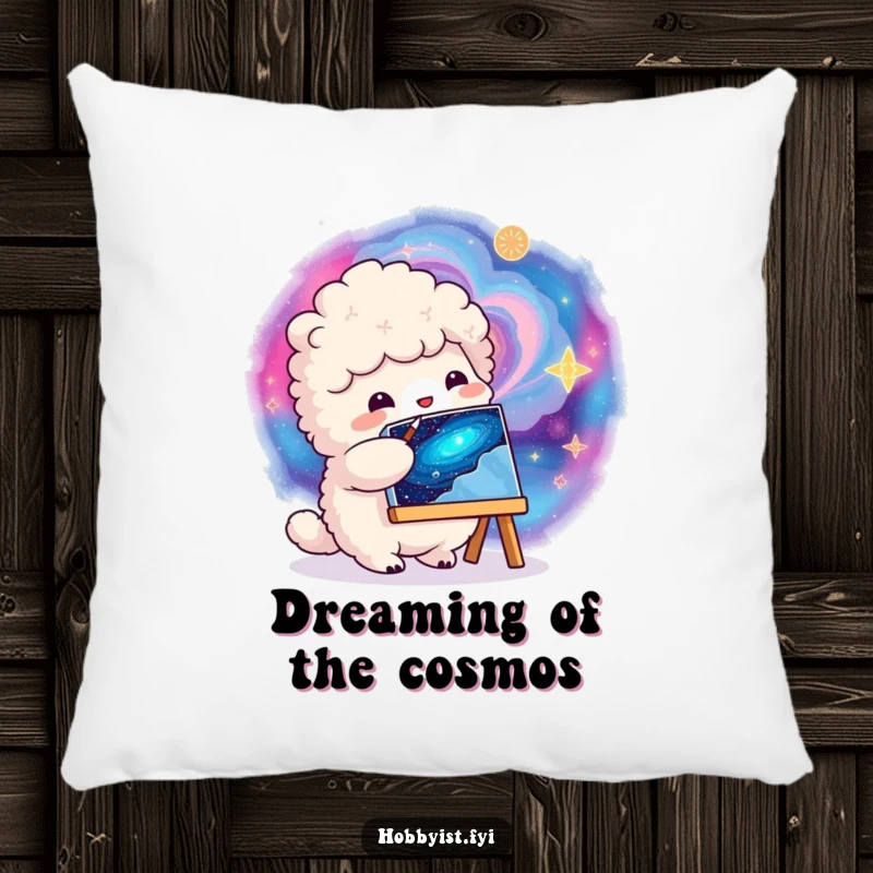 Funny fluffy creature painting a vibrant swirling galaxy on a small canvas, on a soft pillow for cozy artistic vibes.
