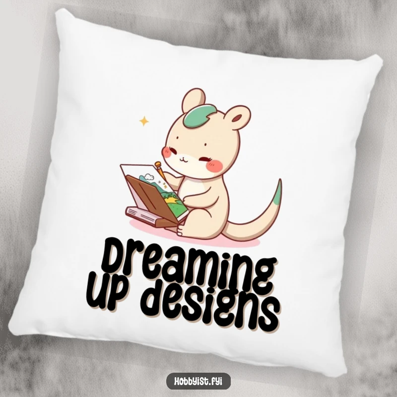 Funny pillow featuring a delighted long-tailed creature who is happily sketching a whimsical landscape in a notebook, adding comfort