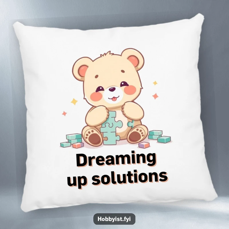 Funny bear cub character beaming with glee while engrossed in putting together a challenging puzzle, featured on a soft pillow.
