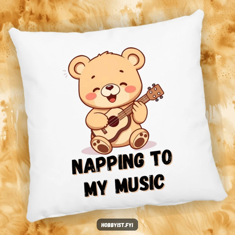 Funny bear cub playing a miniature ukulele, featured on a soft decorative pillow, adding humor to any space.