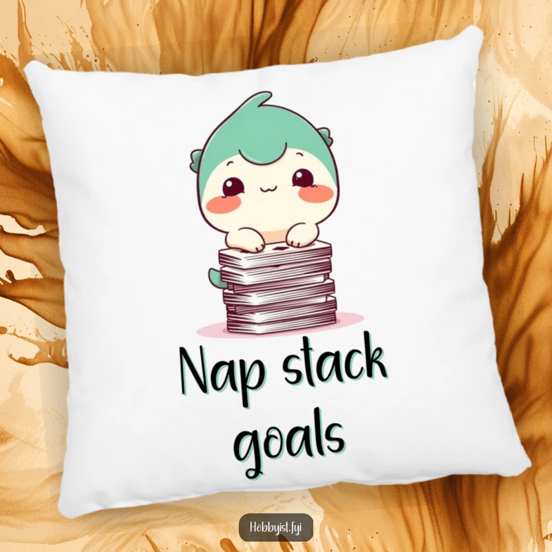 Funny Pillow: A happy creature with a small smile precariously balances a stack of playing cards, a cozy and comical addition.