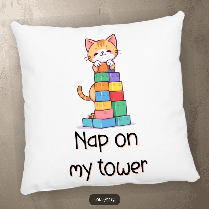 Funny Cat Blocks Tower Pillow: A playful cat building a tall block tower, perfect for a comfy and funny decorative pillow.