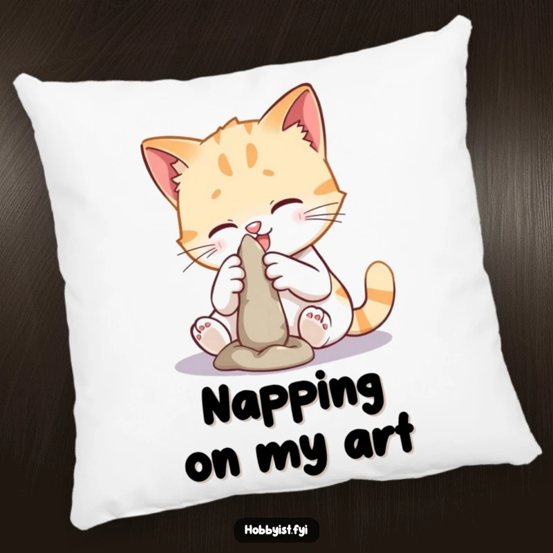 Funny cat sculpting pillow showcasing a playful cat working with clay, ideal for adding humorous comfort and artistic flair to any room.