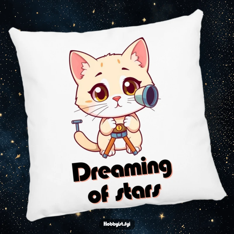 Funny, curious cat with wide, amazed eyes looking through a telescope, featured on a plush pillow, adding comfort and cosmic charm.