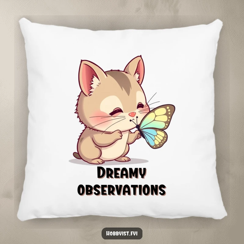 Funny Pillow: A curious creature with twitching whiskers examines a butterfly wing, a soft and wondrous addition to any space.