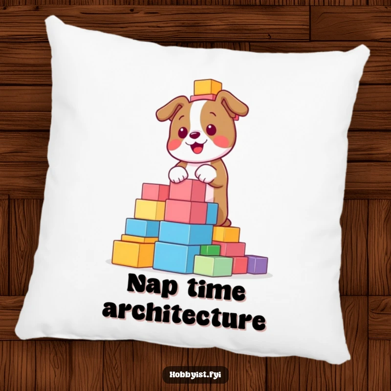 Funny, playful dog building a towering structure with colorful blocks, featured on a plush pillow, adding comfort and playful charm.