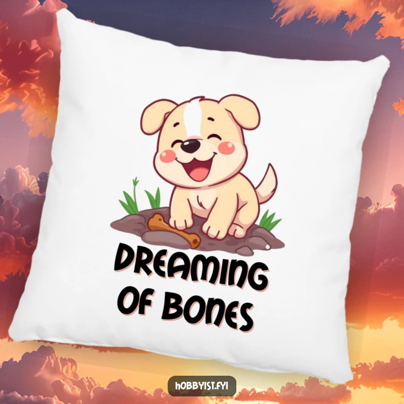Funny decorative pillow featuring a happy dog energetically digging a hole, with a bone nearby, adding comfort and humor.