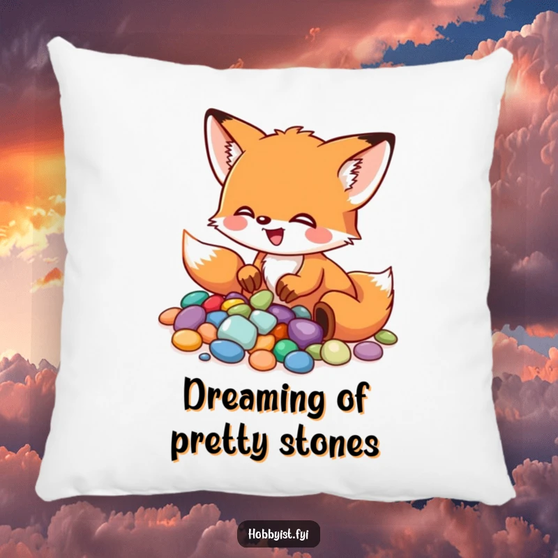 Funny Fox Pillow: A little fox excitedly arranges colorful pebbles into a mosaic, offering comfort and artistic charm, a delightful funny gift.