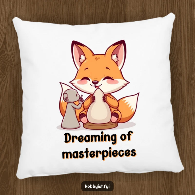 Funny pillow featuring a giddy fox sculptor busy with clay, adding a humorous and artistic touch to any seating area.
