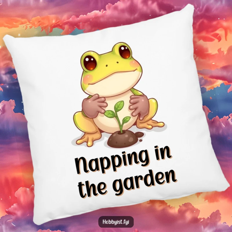 Funny Frog Pillow: A playful frog with tiny gardening gloves tends to a miniature sprout, offering comfort and horticultural charm, a delightful funny gift.