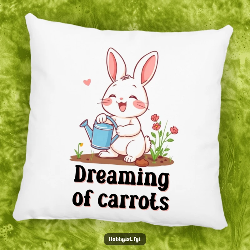 Funny gardening rabbit pillow with a cheerful bunny holding a watering can, adding a touch of whimsical and humorous comfort to any room.