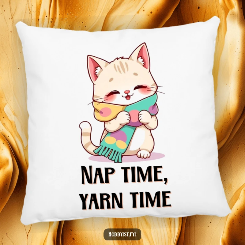 Funny cat pillow with a giggling feline focused on knitting a spectacularly long, vibrant scarf, comfy humor.