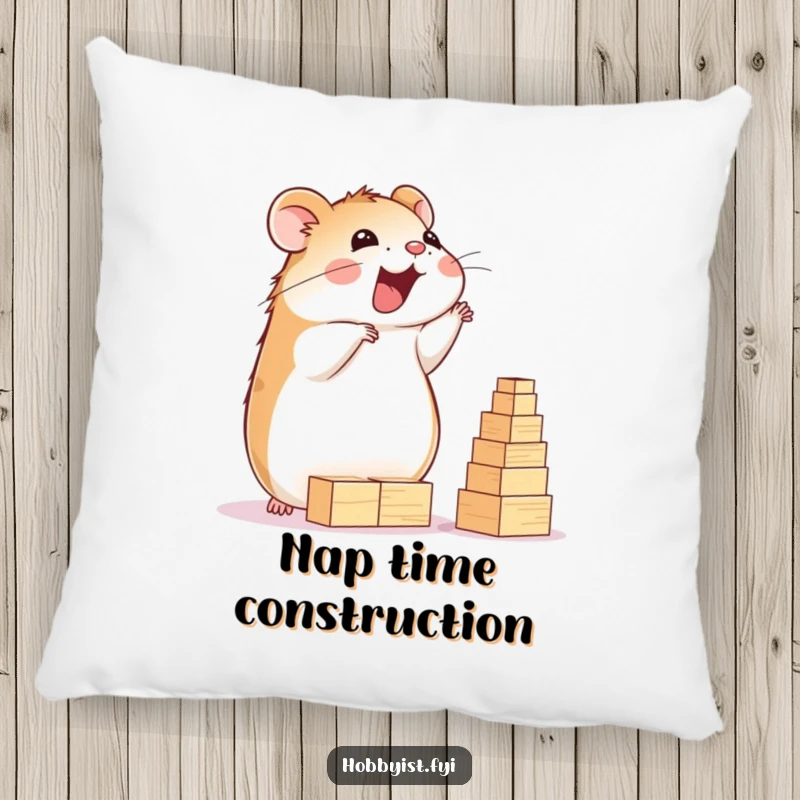 Funny Hamster Pillow: A delighted hamster happily builds a towering structure of tiny wooden blocks, offering comfort and building charm, a delightful funny gift.
