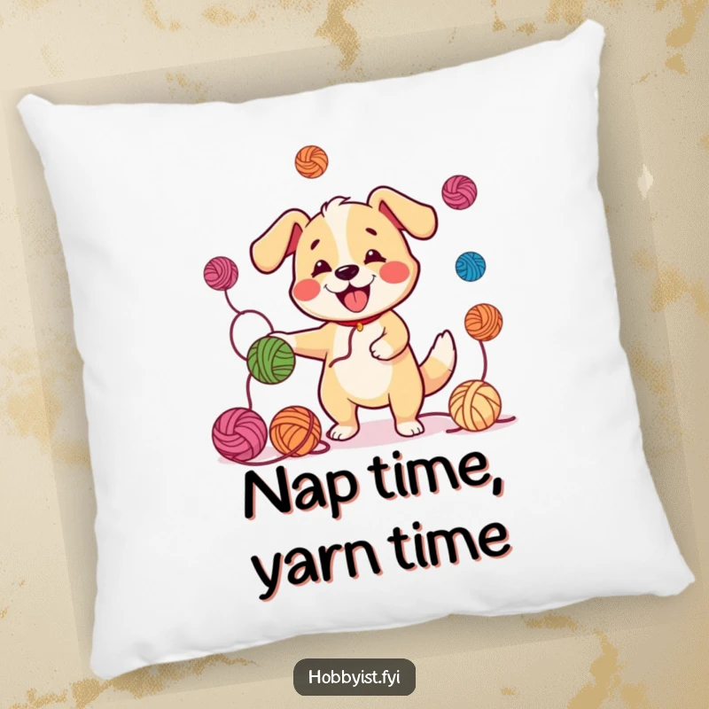 Funny Juggling Dog Yarn Pillow: A happy dog juggling yarn balls with a wagging tail, perfect for a comfy and funny decorative pillow.