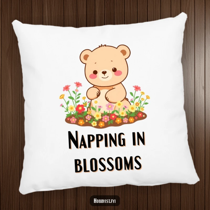 Funny Kawaii bear pillow, with a happy bear tending a miniature garden full of bright blooms, offering comfort and decor.