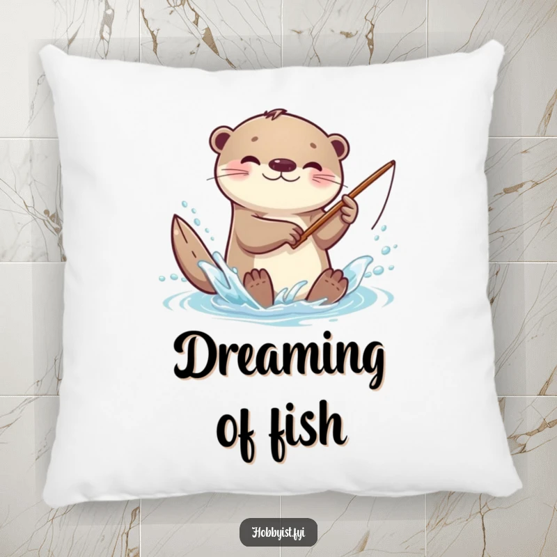 Funny kawaii otter pillow, depicting a cheerful otter splashing with a tiny fishing rod, offering soft comfort and cute decor.
