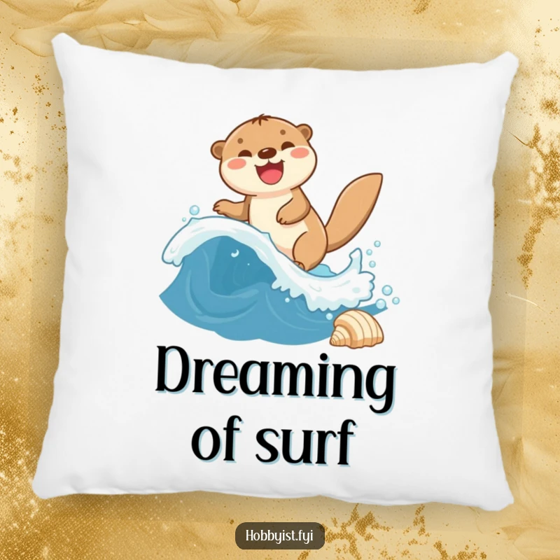 Funny Otter Pillow shows a giggling otter riding a miniature wave towards a seashell, adding plush comfort and humor.